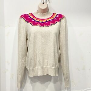 CAbi #4416 Women Sm Colorful Embroidered Wool Blend‎ Winsome Pullover Sweater